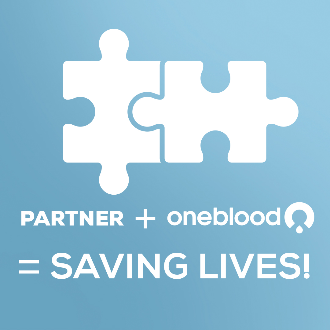 Puzzle pieces linking partners and Oneblood, saving lives