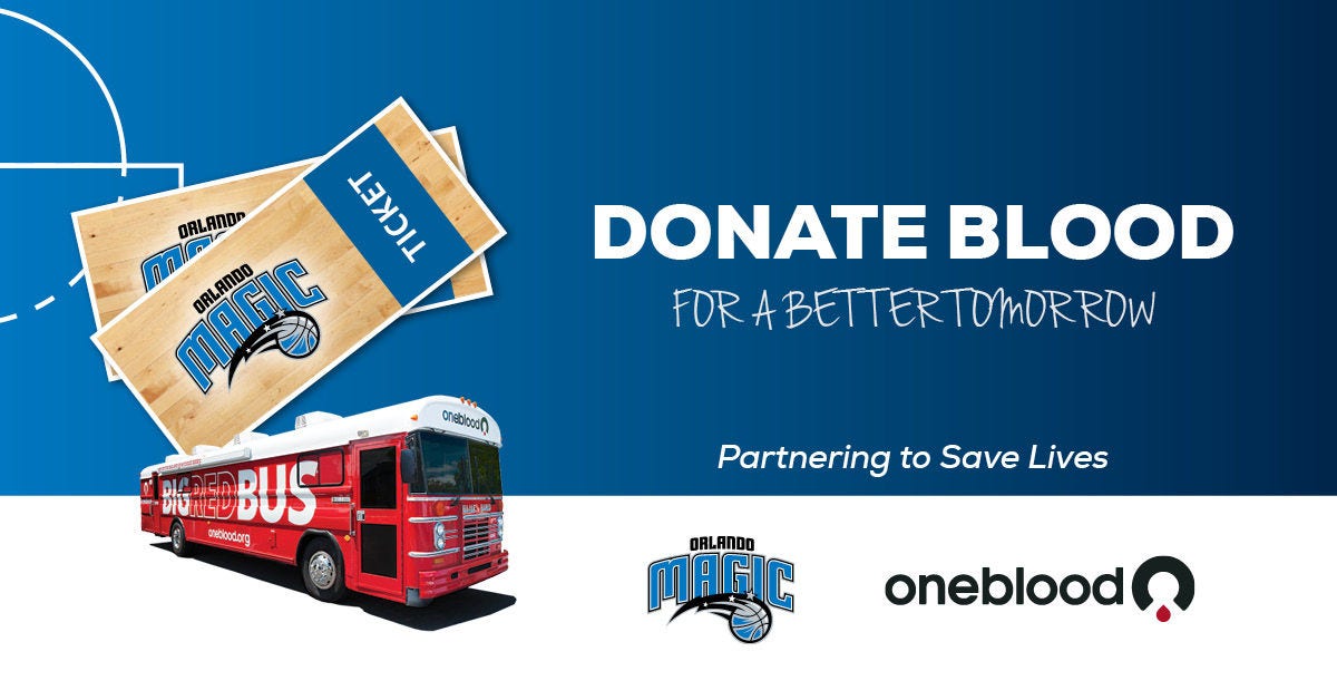 OneBlood Graphic of Orlando Magic Blood Drives. It pictures two Orlando Magic Tickets and a Big Red Bus. Headline reads, “Donate Blood for a Better Tomorrow”	